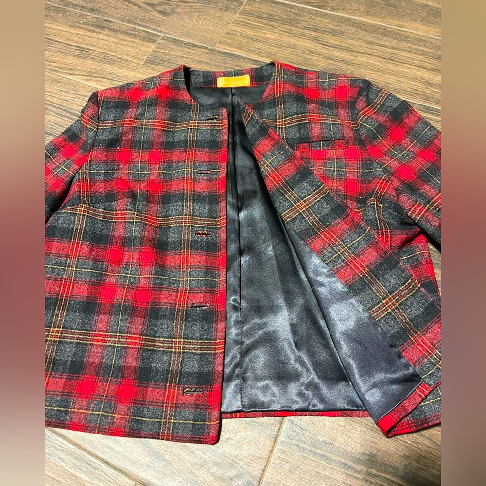 Vintage,50’s,plaid,three quarter length sleeve,virgin wool,red jacket,for women